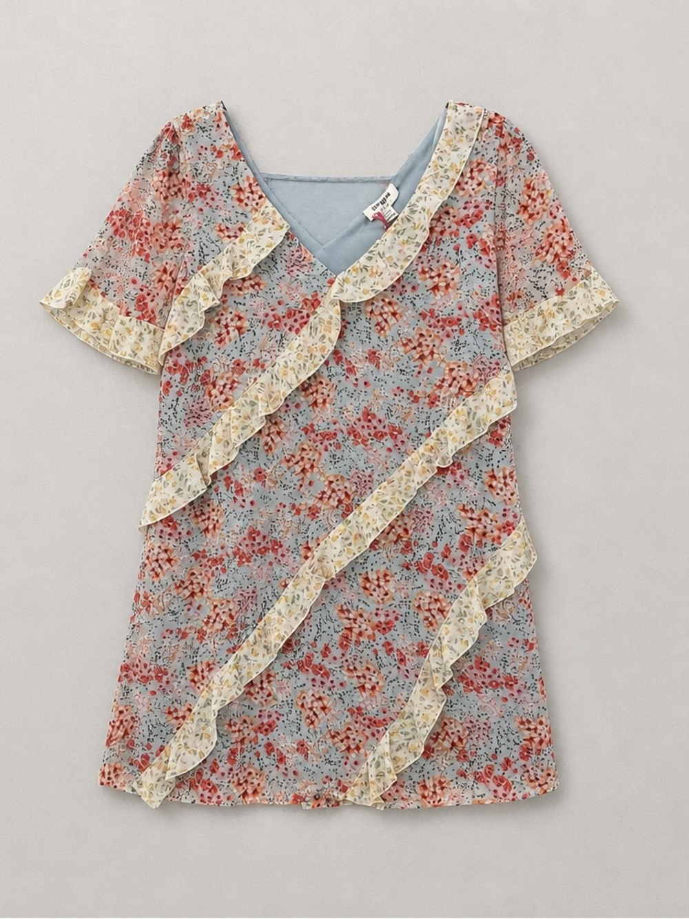 Umgee Light Blue Floral Ruffle V-Neck Top with Cream Trim